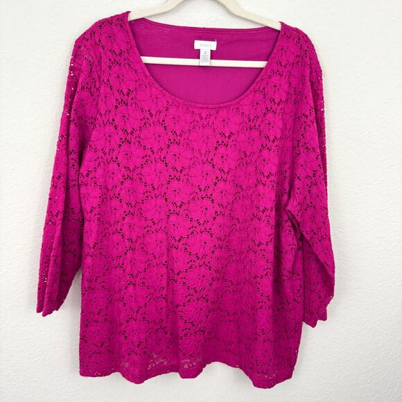 Chico's Womens Lace Top Blouse Size XXL Floral Long Sleeve Magneta Pink - Picture 1 of 7